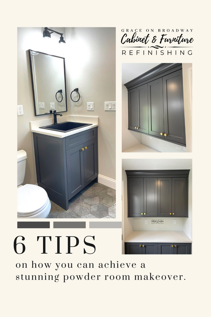 6 Tips on how you can achieve a stunning powder room makeover with Black (Cheating Heart) and White (Benjamin Moore Balboa Mist) Wood Coating