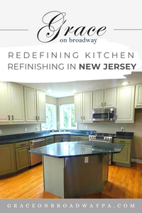 Grace on Broadway: Redefining Kitchen Refinishing in New Jersey Featuring a Kitchen Refinished With Milesi Wood Coatings Tinted to Sherwin Williams Neutral Ground and SW Avocado