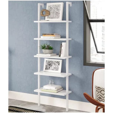 Karl home Ladder Shelf 5 Tier Wall Mounted Bookcase with Metal Frame, Open Design Shelves for Living Room, Bedroom, Home, Office, White (23.62