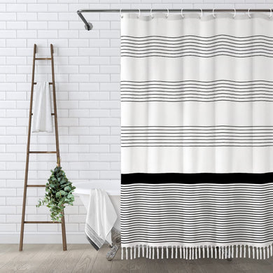 Awellife Black and White Shower Curtain for Bathroom Stripe Tassel Shower Curtain 72 X 72 Inches Farmhouse Linen