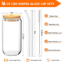 8 Pcs Drinking Glasses with Bamboo Lids and Glass Straw - 16 Oz Can Shaped Glass Cups Beer, Ice Coffee Glasses Cute Tumbler Cup Great for Soda Boba Tea Cocktail Include 2 Cleaning Brushes