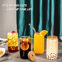 8 Pcs Drinking Glasses with Bamboo Lids and Glass Straw - 16 Oz Can Shaped Glass Cups Beer, Ice Coffee Glasses Cute Tumbler Cup Great for Soda Boba Tea Cocktail Include 2 Cleaning Brushes