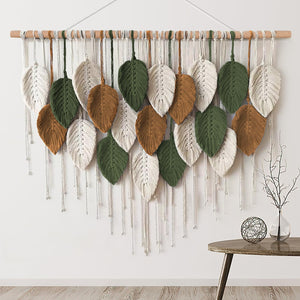 KHOYIME Large Macrame Wall Hanging Boho Woven Tapestry, Chic Home Decor Modern Bohemian Handmade Leaf Feather Wall Art Decorations for Apartment Dorm Living Room Bedroom Nursery Backdrop 39"W X 29.5"L