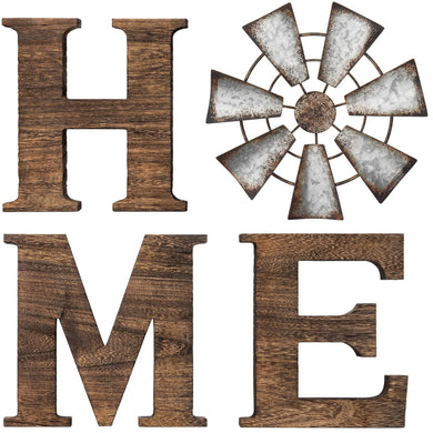 Mkono Farmhouse Wall Decor Wooden Home Sign with Metal Windmill for O Rustic Hanging Letters Decorative Art Signs Living Room Kitchen Bedroom Entryway House, Brown