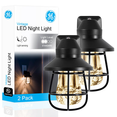 GE Vintage LED Night Light, Plug-in, Dusk-to-Dawn Sensor, Farmhouse, Rustic, Home Decor, UL-Certified, Ideal for Bedroom, Bathroom, Kitchen, Hallway, 44737,Acrylic, Black, 2 Pack