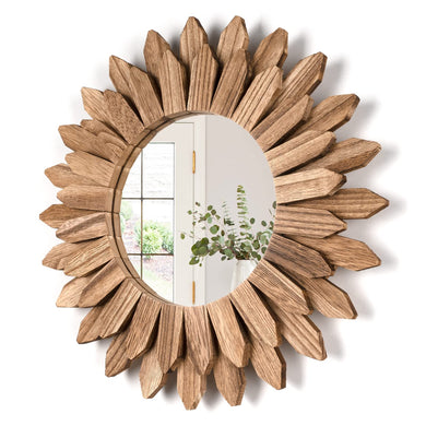 Honiway Wall Mirror Decorative 12 inch Rustic Wood Mirror Sunburst Boho Mirror for Entryway Bedroom Living Room Bathroom House Warming Gifts New Home Essential Carbonized Black
