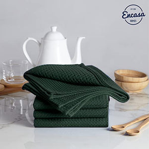 Encasa Homes Anti-Odour Waffle Kitchen Dish Towels, 28"x18" (4 Pc Set) Highly Absorbent, Tea Towels for Cleaning & Quick Drying, Cotton - Dark Green