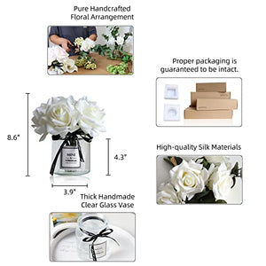 grtefhu Artificial Flowers with White Roses in Vase, Fake Flowers in Glass Jar with Ribbon, Silk Flower Arrangements in Vase with Artificial Flowers for Home Dining Table Decor.