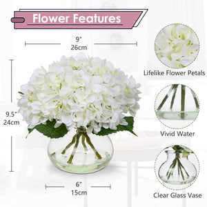 Hollyone Hydrangea Artificial Flowers with Vase White Silk Fake Flowers Arrangements in Glass Vase with Faux Water for Home Bathroom Office Table Centerpiece Shelf Decorations