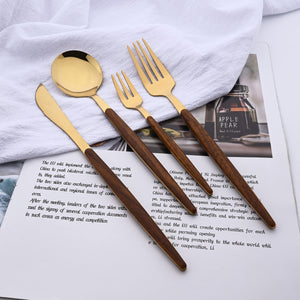 Uniturcky 16-Piece Silverware Set with Cake Fork, Gold Stainless Steel Flatware Cutlery Set, Eating Utensils Set with Wooden effect Handle, Include Knife Fork Spoon, Mirror Polished, Dishwasher Safe