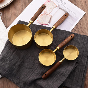 Uniturcky Gold Measuring Cups Set of 4, Stainless Steel Measuring Cups with Natural Wood Handle, Stackable Measuring Cups with Metric & US Measurements, Baking Tools, 60ml, 80ml, 125ml, 125ml