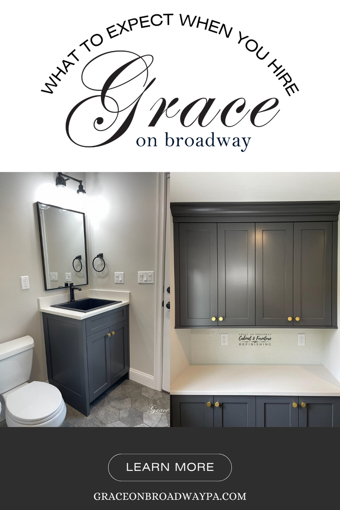 What To Expect When You Hire Grace on Broadway Featuring a Powder Room Refinished with Cheating Heart and Benjamin Moore Balboa Mist Wood Coating