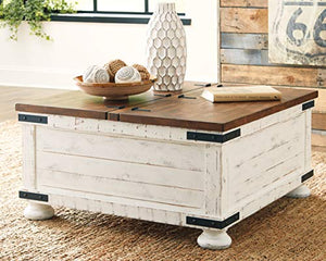 Signature Design by Ashley Wystfield Farmhouse Square Storage Coffee Table with Hinged Lift Top, Distressed White