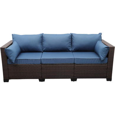 Rattaner 3-Seat Patio Wicker Sofa, Outdoor Rattan Couch Furniture Steel Frame with Furniture Cover and Deep Seat High Back, Blue Anti-Slip Cushion.