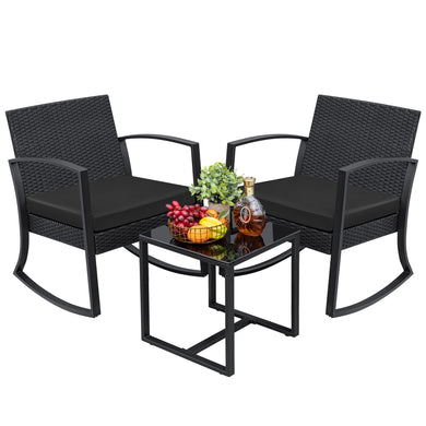 Greesum 3 Pieces Outdoor Furniture Set Patio Bistro Rocking Chairs with Glass Coffee Table for Pool Beach Backyard Balcony Porch Deck Garden, Black