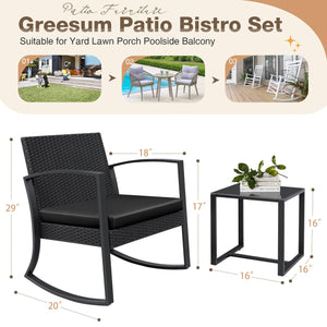 Greesum 3 Pieces Outdoor Furniture Set Patio Bistro Rocking Chairs with Glass Coffee Table for Pool Beach Backyard Balcony Porch Deck Garden, Black