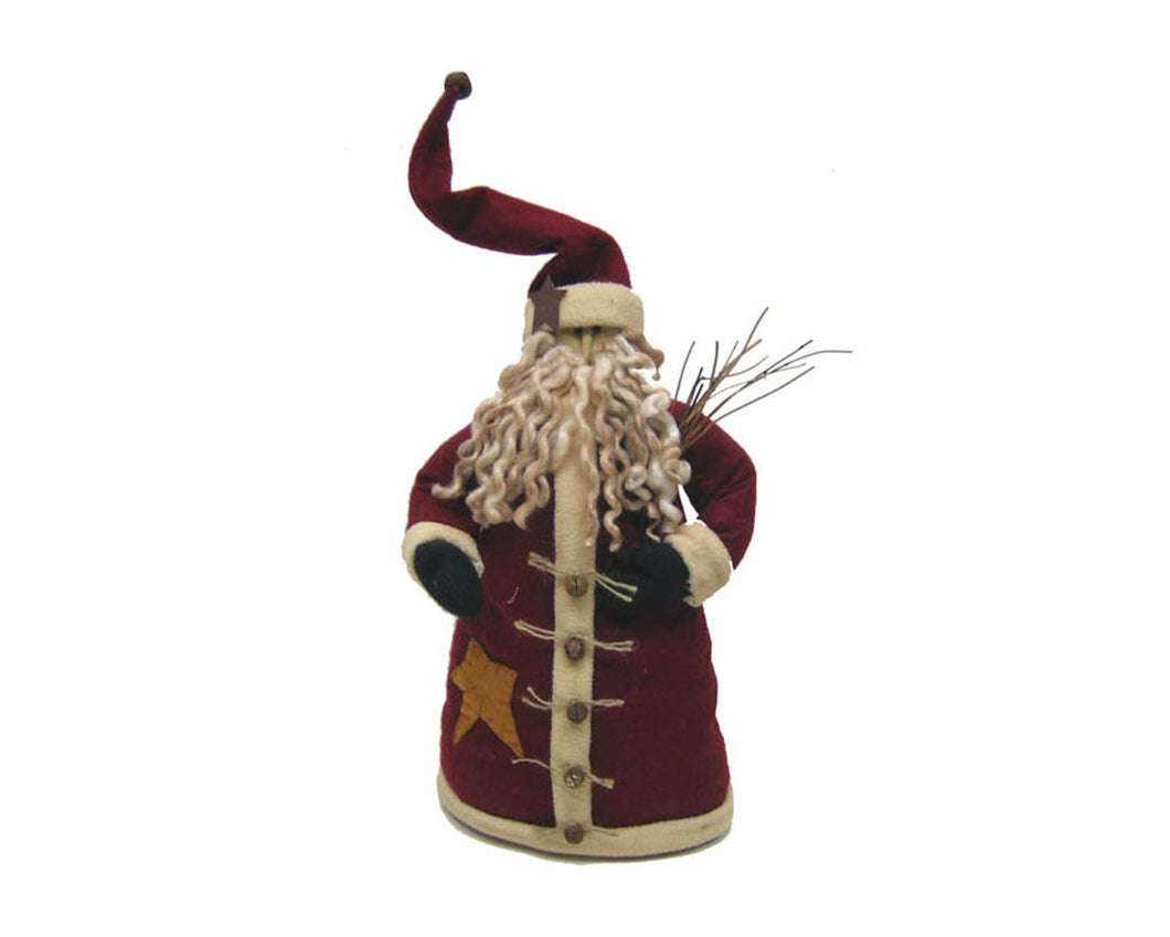 Fabric Santa with Red Fabric Coat with Sewn-in Yellow Star and Rusty Tin Bell Buttons, Pointed Hat, Tea-dyed Long Beard and Twigs in his Hand - 19