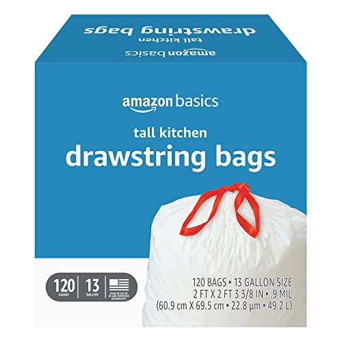 Amazon Basics Tall Kitchen Drawstring Trash Bags, 13 Gallon, Unscented, 120 Count (Previously Solimo)