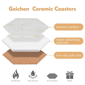 Geichan Coasters for Drinks with Holder, Absorbent Marble Coasters Set of 8, Ceramic White and Gold Coasters for Coffee Table,Housewarming Gift,Tabletop Protection, Home Decor