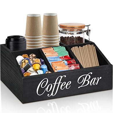 ugiftt Coffee Station Organizer for Counter, Wood Coffee Pods Holder Storage Basket, Coffee and Tea Condiment Storage Organizer, Rustic Coffee Bar Decor for Coffee Accessories Organizer