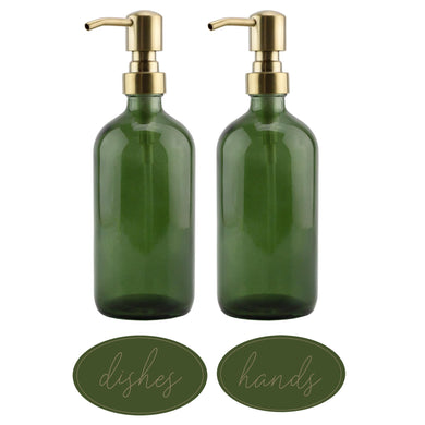 Darware Green Glass Soap Dispensers (2-Pack, Gold Metal Pumps, 16-Ounce); Decorative Pump Bottles for Kitchen and Bathroom