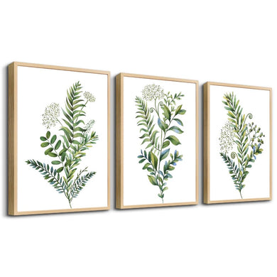 Natural Wood Frame 3 Pieces Framed Wall Art For Living Room Bathroom Wall Decorations Kitchen Wall Decor Canvas Print Decor Modern Simple Bedroom Home Decoration Green Leaves Poster Wall Paintings