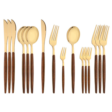 Uniturcky 16-Piece Silverware Set with Cake Fork, Gold Stainless Steel Flatware Cutlery Set, Eating Utensils Set with Wooden effect Handle, Include Knife Fork Spoon, Mirror Polished, Dishwasher Safe