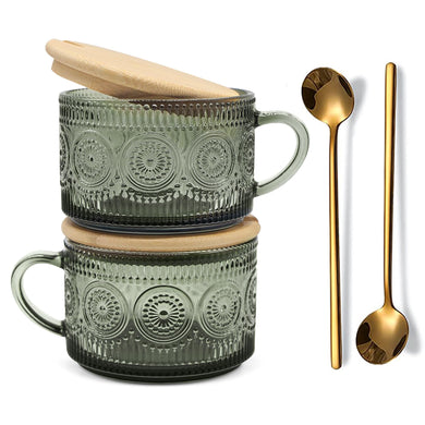 JVJRFQ Vintage Coffee Mugs Set of 2 Green, 14 Oz Overnight Oats Containers with Bamboo Lids and Spoons, Glass Breakfast Cups, Cute Coffee Bar Accessories Christmas Gifts