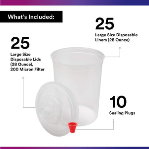 3M PPS (Original Series) Paint Spray Gun Cup Lids and Liners Kit, Large, 28 oz, 200-micron Filter, Use w/ Paint Gun for Cars, Furniture, Home, 25 Disposable Lids and Liners, 10 Sealing Plugs, Factory
