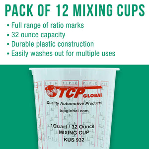 Custom Shop Pack Of 12 each 32 Ounce Paint Mix Cups with calibrated mixing ratios on side of cup
