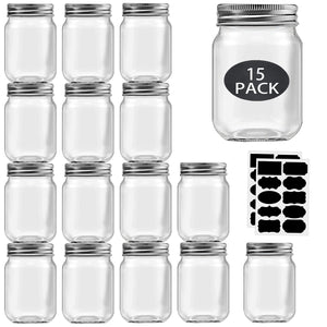 16 oz Mason Jars With Lids Regular Mouth 15 Pack-16 oz Glass Jars with Lids,Bulk Pint Clear Glass Jars For Meal Prep, Food Storage With 20 Labels (Silver Lids)