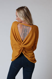 Flattering Open Back Thermal Knit Top - Mustard (LARGE)