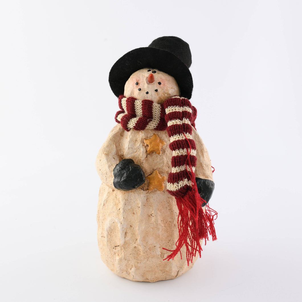 Paper Mache Snowmen with red and white fabric scarf 9 inch Tall - Grace on Broadway 