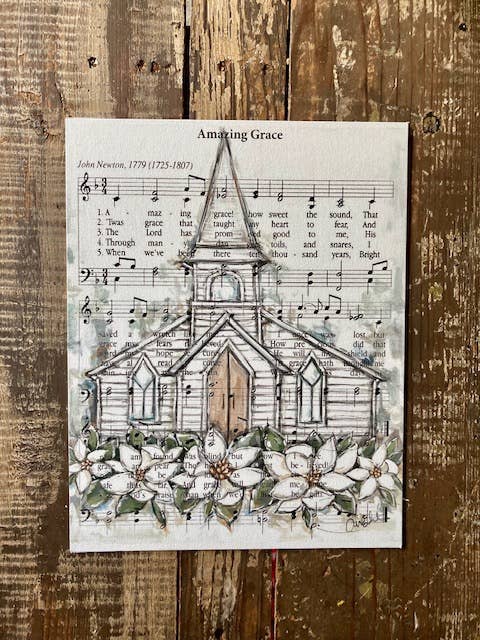 vintage wall art, country church painting canvas print, hymn - Grace on Broadway 